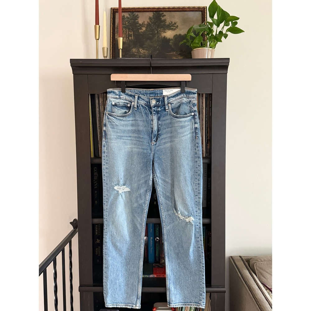 Rag & Bone Wren High-Rise Slim Straight Jeans 29 Blue Distressed Denim Everly